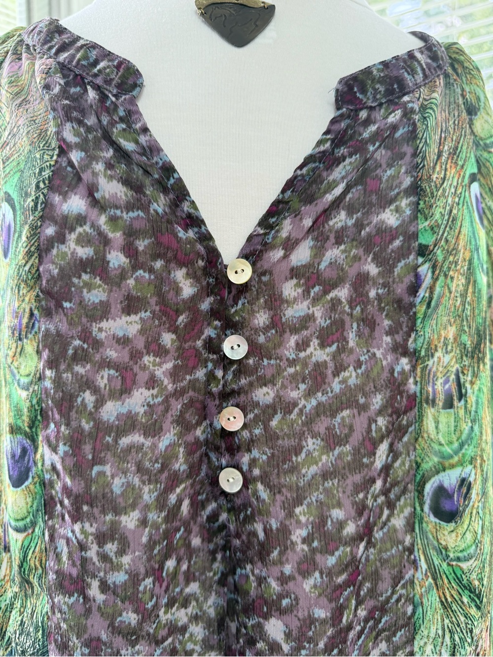 Anthropology Fig and Flower Peacock Feather Print Sheer Blouse Top - Picture 2 of 9